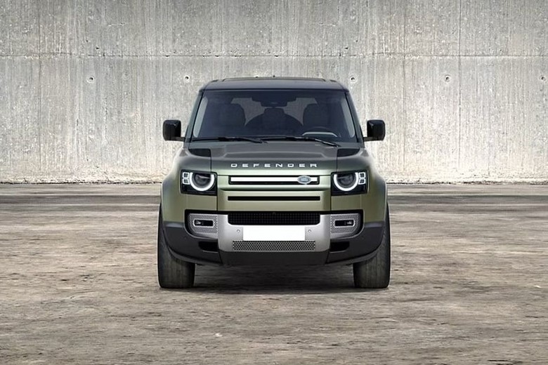 Land Rover Defender 110 front view  in green color