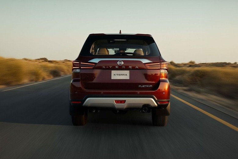 nissan xterra front cross rear view in red color